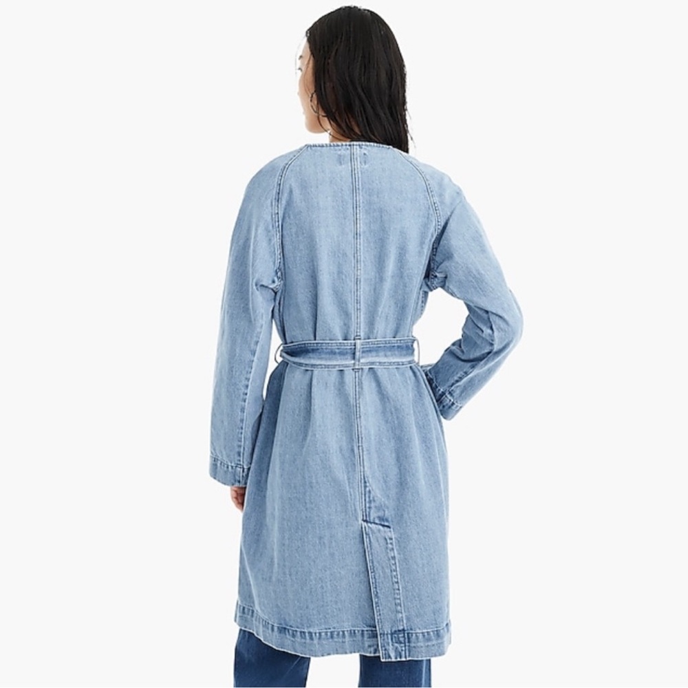 J. Crew Denim Trench Coat Double Breasted Collar Light Denim Woman's Large - Picture 2 of 15